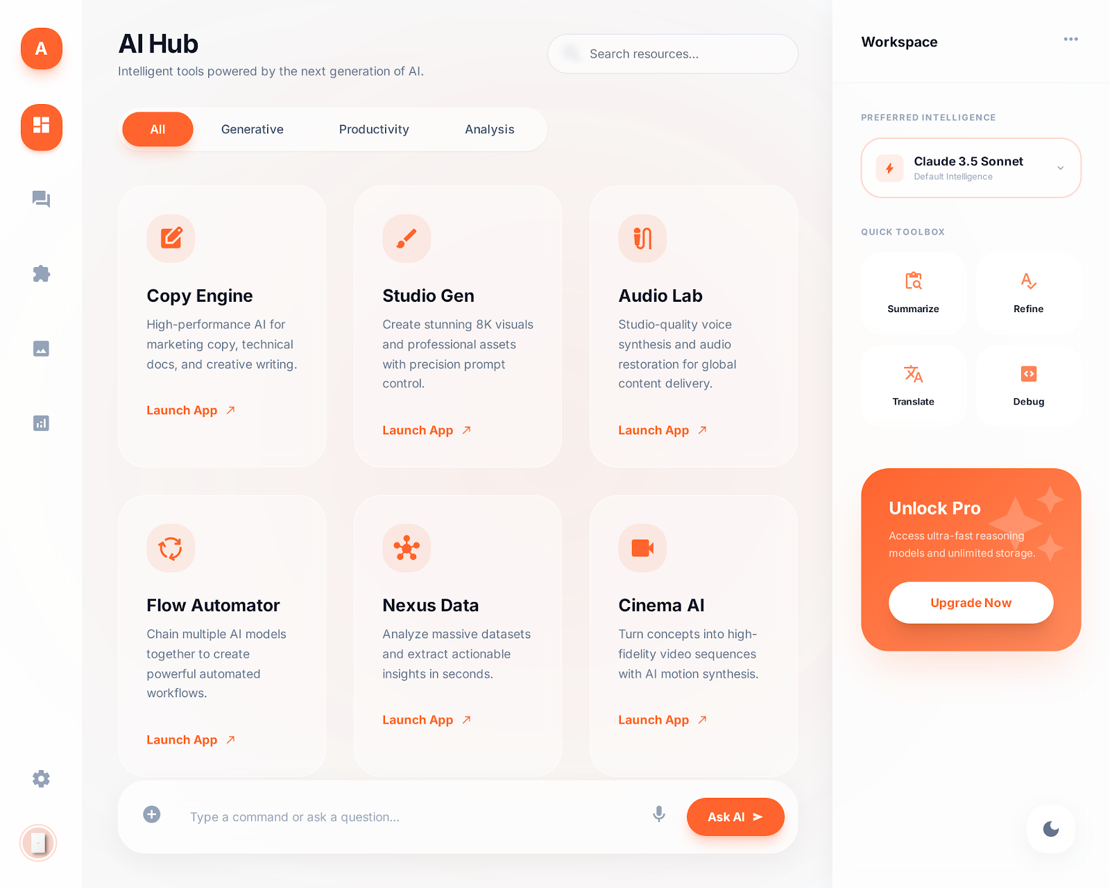 ELELAND OS workspace preview — modules dashboard with assistant